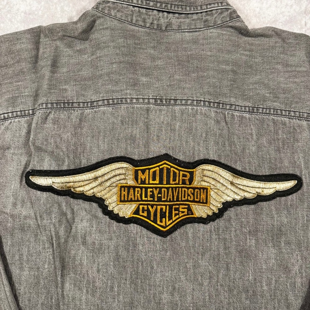 Harley-Davidson Mens 3XL Gray Cotton Long Sleeve Button Down Wing Patch Shirt - Picture 10 of 11